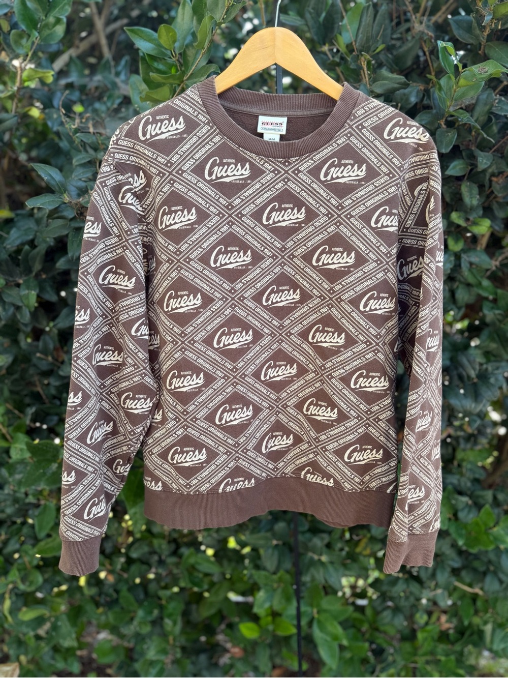 Vintage Guess Brown and Cream Logo All-Over Print Crewneck Sweater